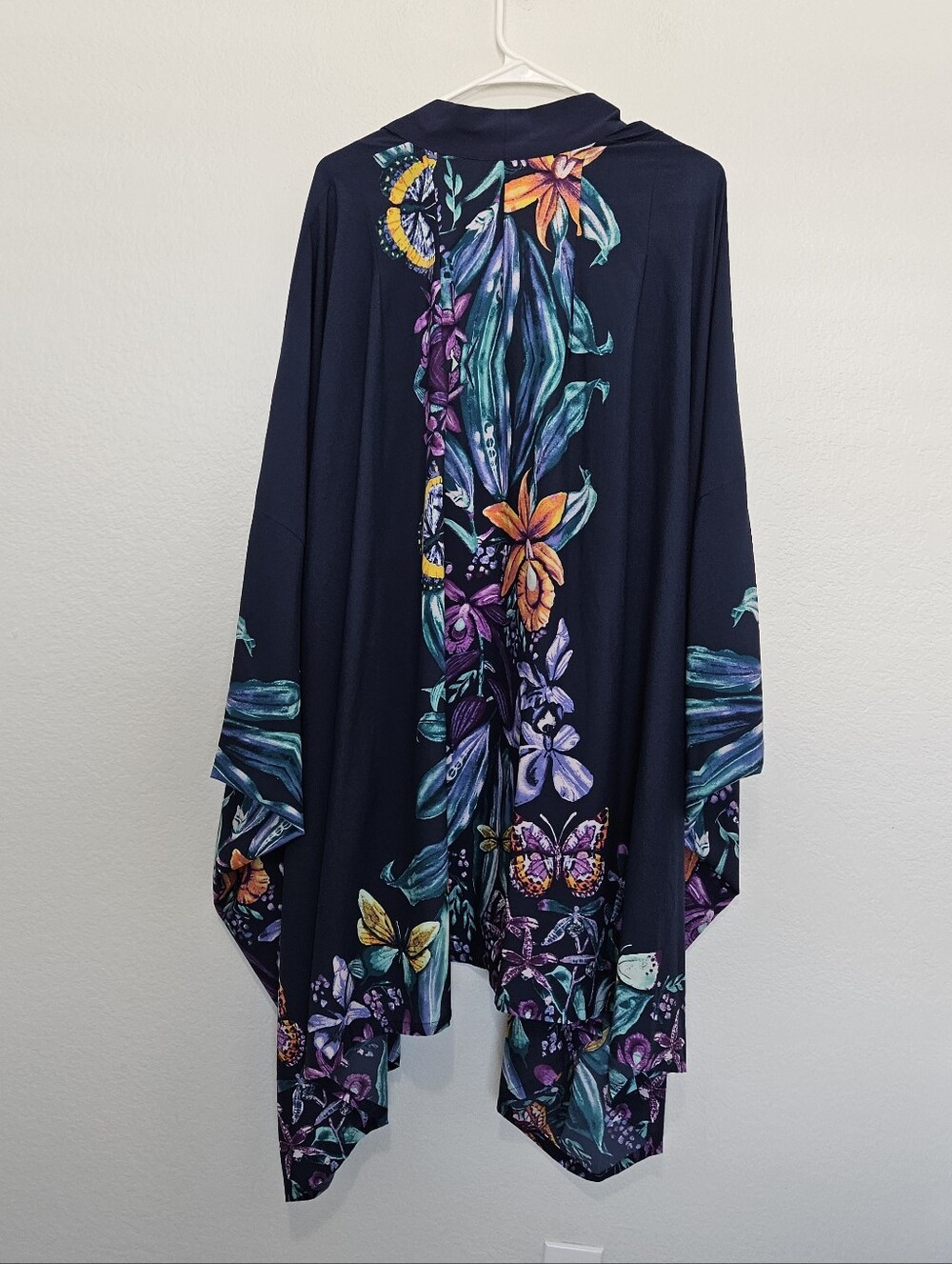 Soma Chiffon Kimono Exotic Floral Butterfly Navy Lightweight Asymmetrical OS